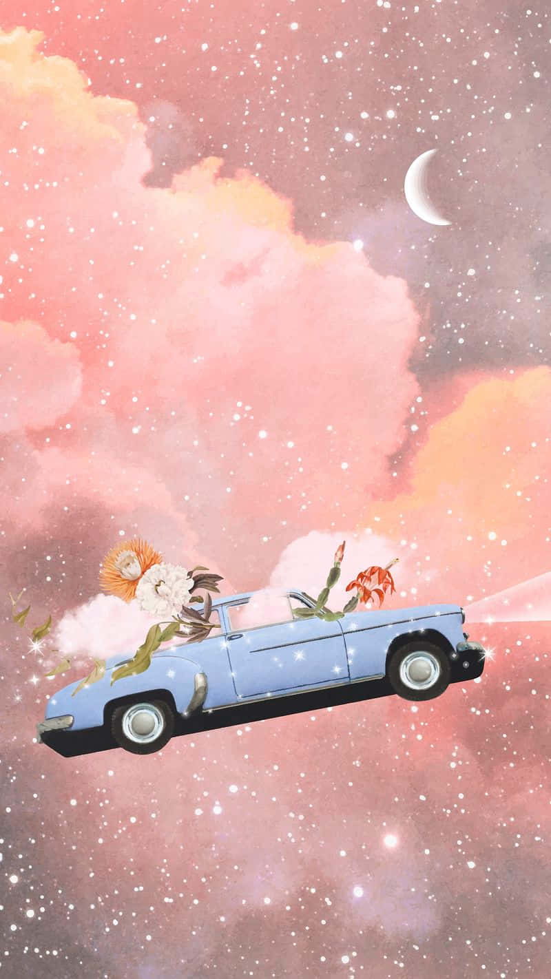Studio Ghibli Phone 桌布 壁紙 — 一輛淺藍色復古敞篷車漂浮在夢幻般的粉紅色星空下，伴隨著新月和盛開的花朵。
