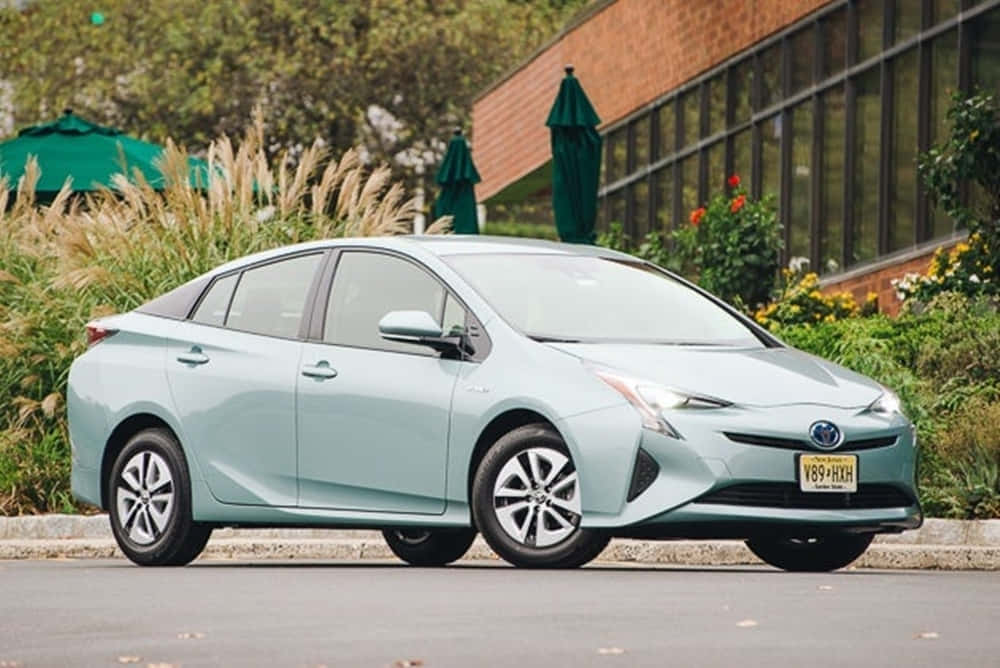 Compact Car 桌布 壁紙 — 一輛淺藍色豐田Prius停放在人行道上，旁邊有綠化植物和一座帶有閉合雨傘的磚砌建築。
