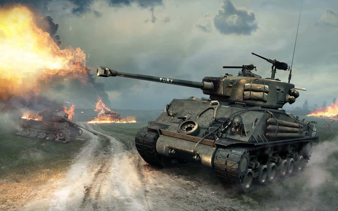 Battlefield Desktop 桌布 壁紙 — 一輛滿佈戰痕、名為「FURY」的坦克在泥土路上向前衝刺，身後戰火燎原的田野中爆炸與烈焰四起。