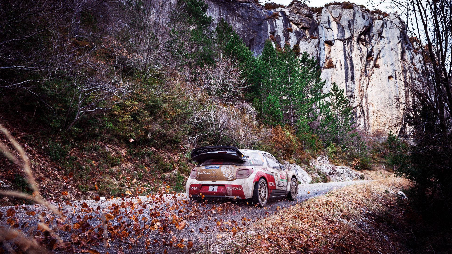 Citroen 桌布 壁紙 — 一輛滿是泥濘的拉力賽車在秋季穿越樹木繁茂的山口，行駛在蜿蜒的碎石路上。