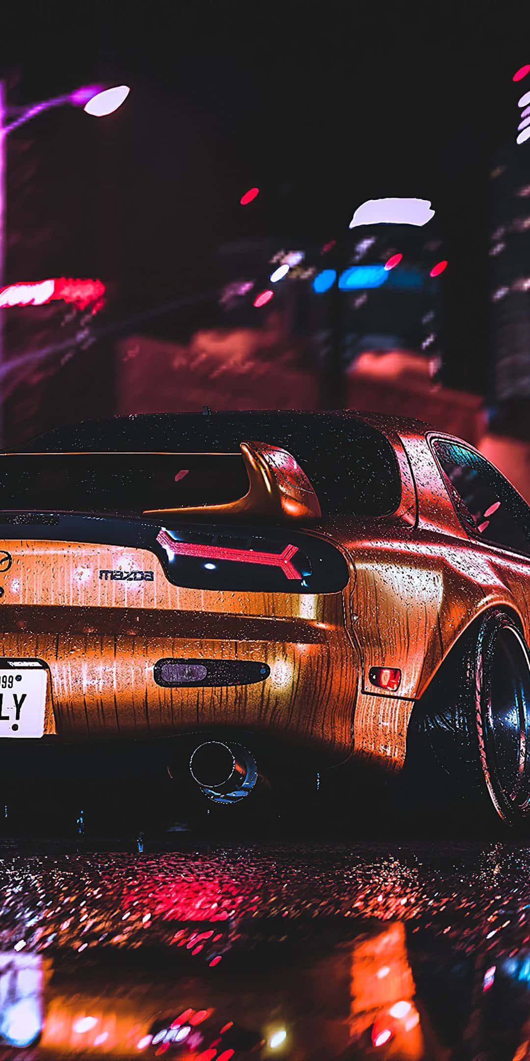 JDM 桌布 壁紙 — 一輛濕透的Mazda跑車在霓虹燈下閃耀，雨夜街道上帶有模糊的城市倒影。