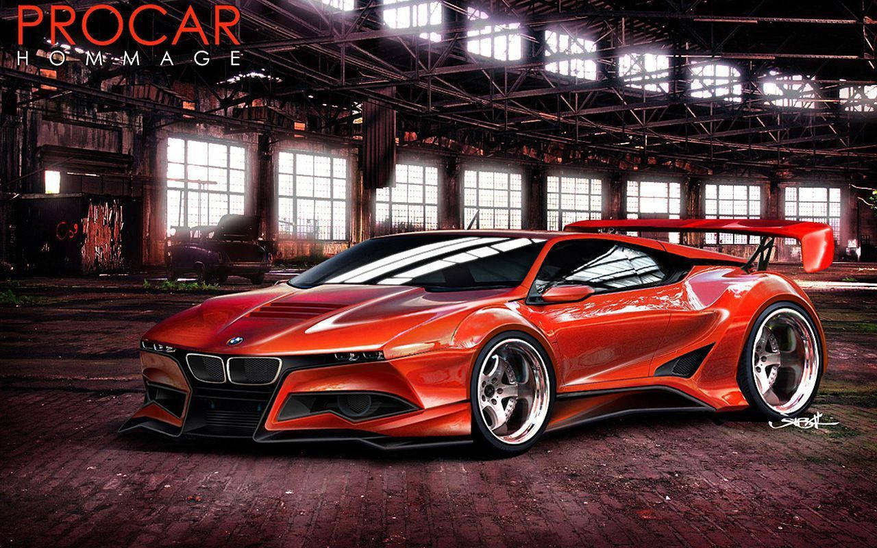 cars 桌布 壁紙 — 一輛火橙色未來主義跑車，帶有大型後擾流板，戲劇性地停放在一個破舊的工業倉庫中，倉庫有高窗。