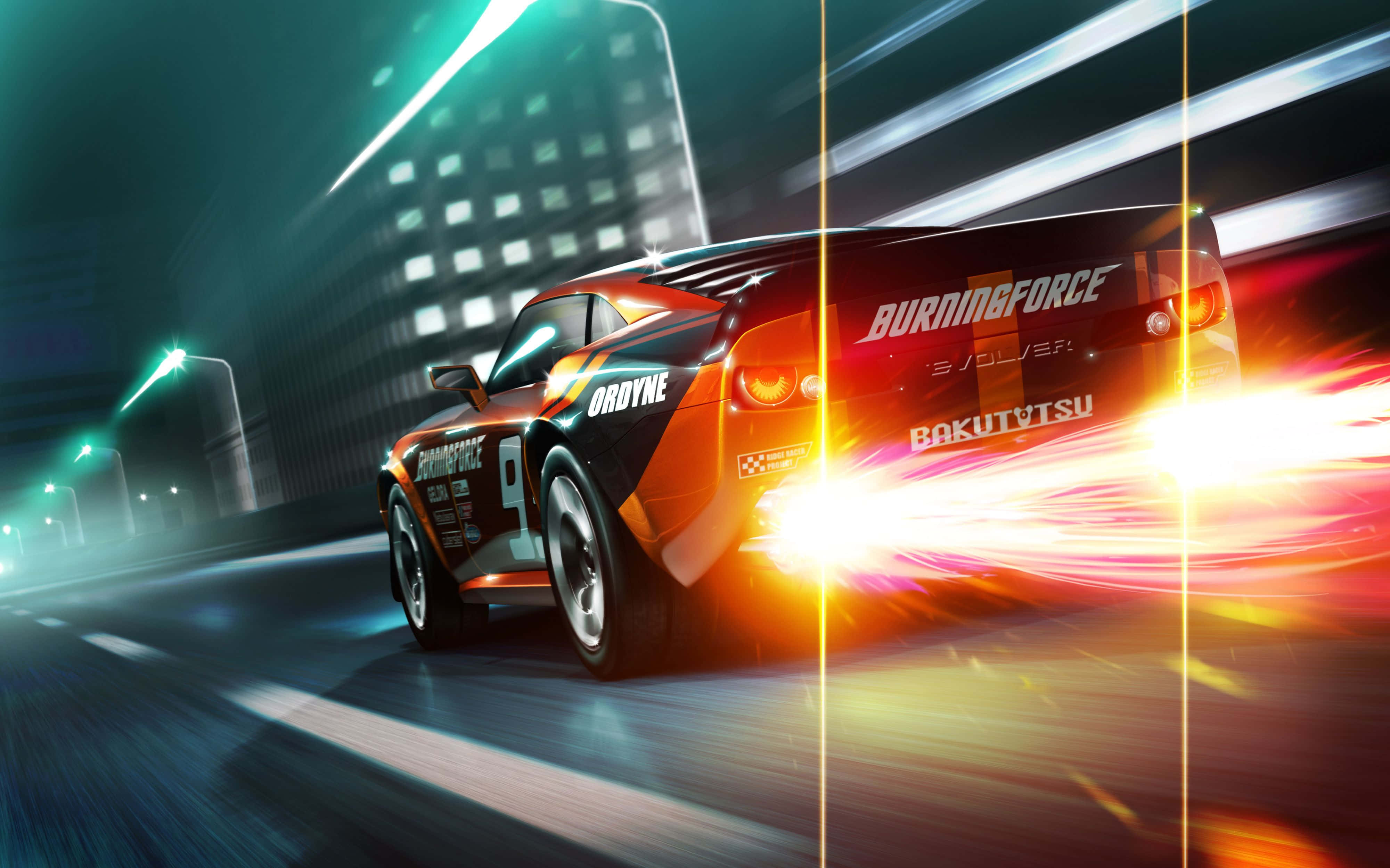Racing Games 桌布 壁紙 — 一輛火橙色的賽車在夜間穿過霓虹燈閃爍的城市街道，留下發光的軌跡和動態模糊。