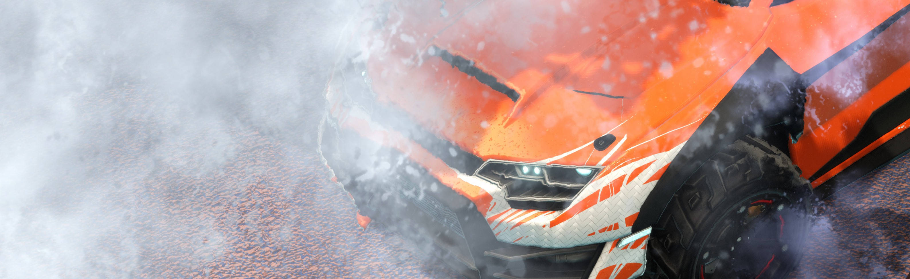 4K Rocket League 桌布 壁紙 — 一輛火橙色的賽車在霧氣瀰漫的火山景觀中疾馳，輪胎下是熔岩。
