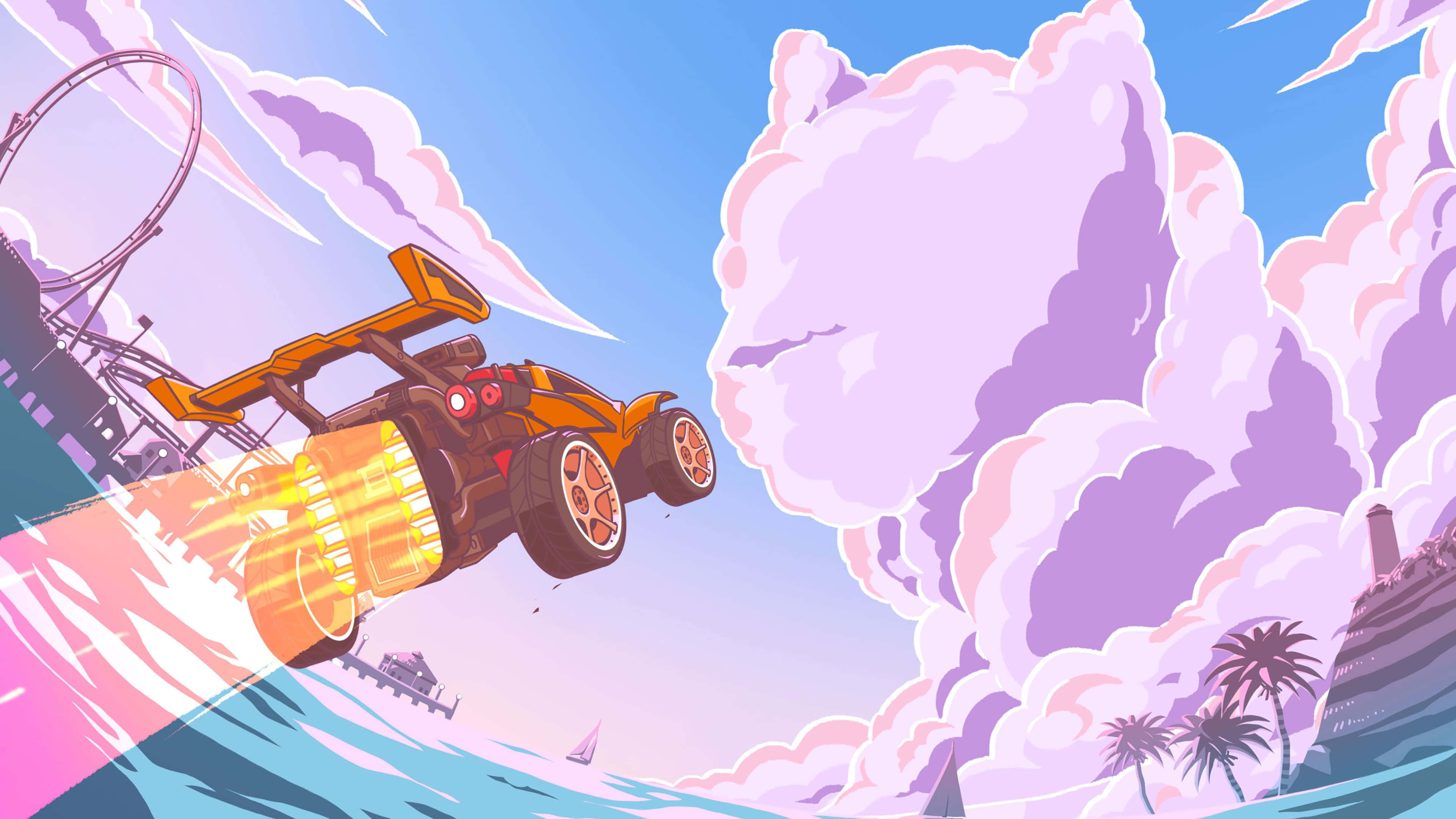 Rocket League Art 桌布 壁紙 — 一輛火熱橙色賽車在粉紅雲層中翱翔，飛越熱帶海洋，遠處有雲霄飛車。