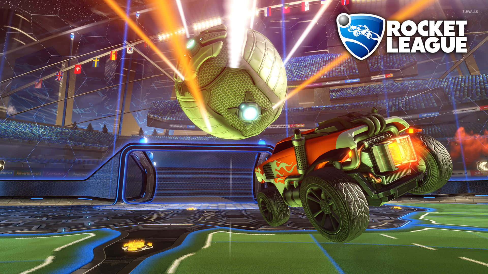 1080p Rocket League 桌布 壁紙 — 一輛火熱的橙色火箭車在霓虹燈照亮的競技場中躍起，追逐在體育場燈光下發光的足球。