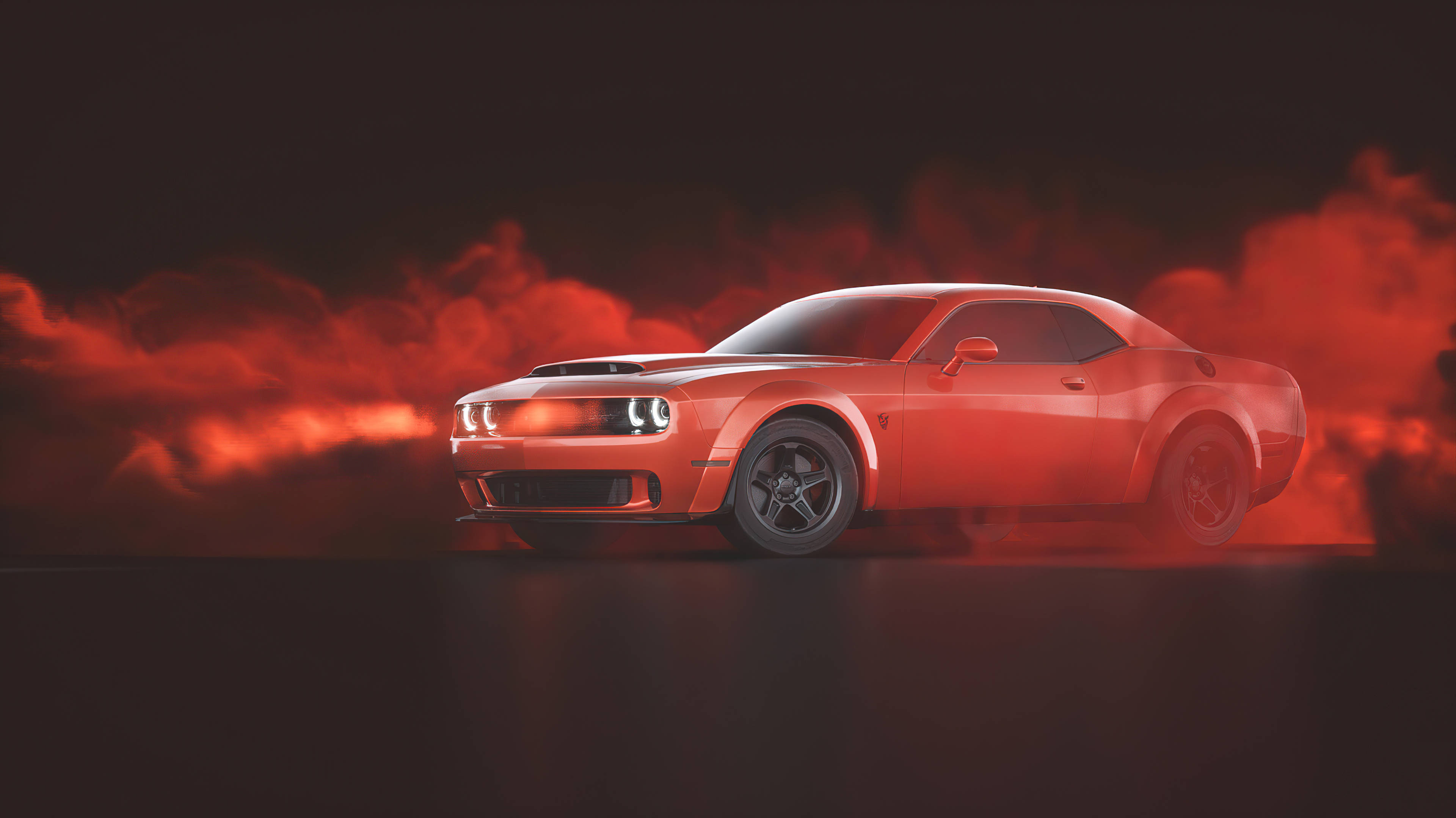 Dodge 桌布 壁紙 — 一輛火熱的橙色肌肉車在黑暗背景下穿過發光的紅色煙霧。