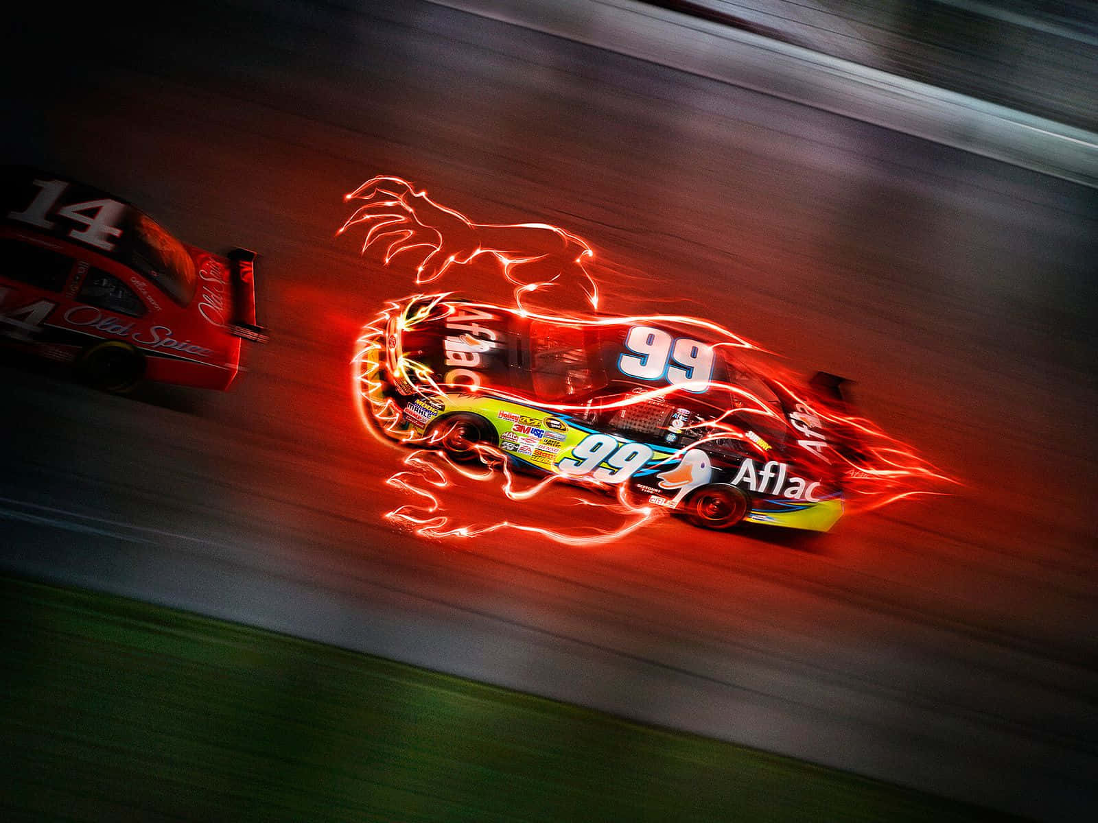 nascar 桌布 壁紙 — 一輛火紅色的99號賽車在夜間賽道上飛馳，留下發光的霓虹軌跡和幽靈般的馬剪影。