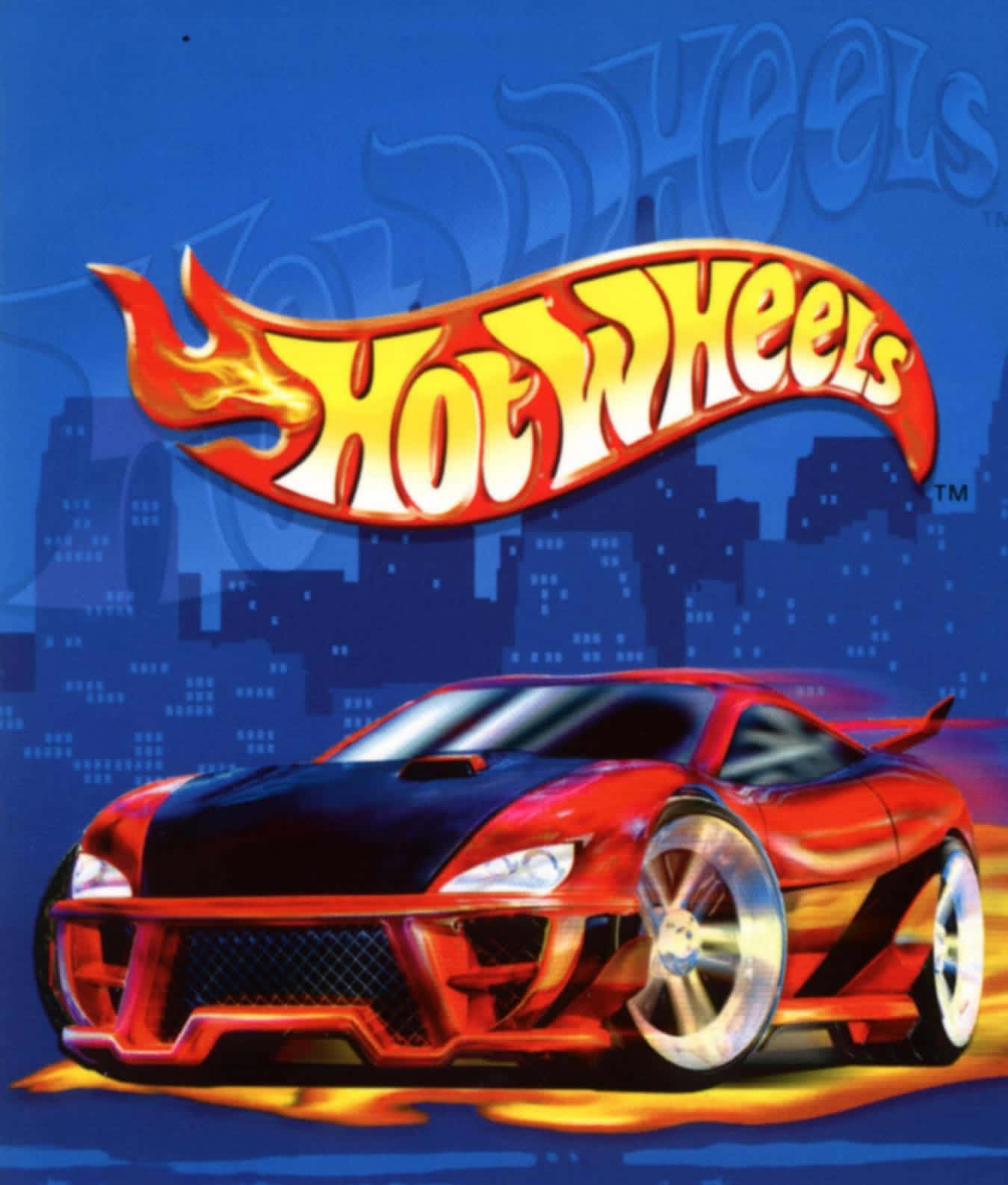 Hot Wheels 桌布 壁紙 — 一輛火紅色的Hot Wheels跑車在標誌性的火焰標誌下，飛馳穿過風格化的城市景觀。