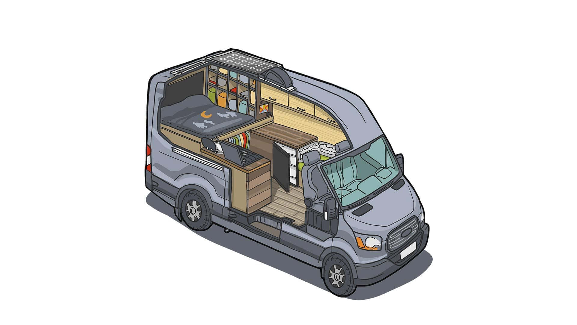 Ford Transit 桌布 壁紙 — 一輛灰色貨車改裝成露營車，內部可見包括床、儲物空間、廚房和車頂太陽能板。