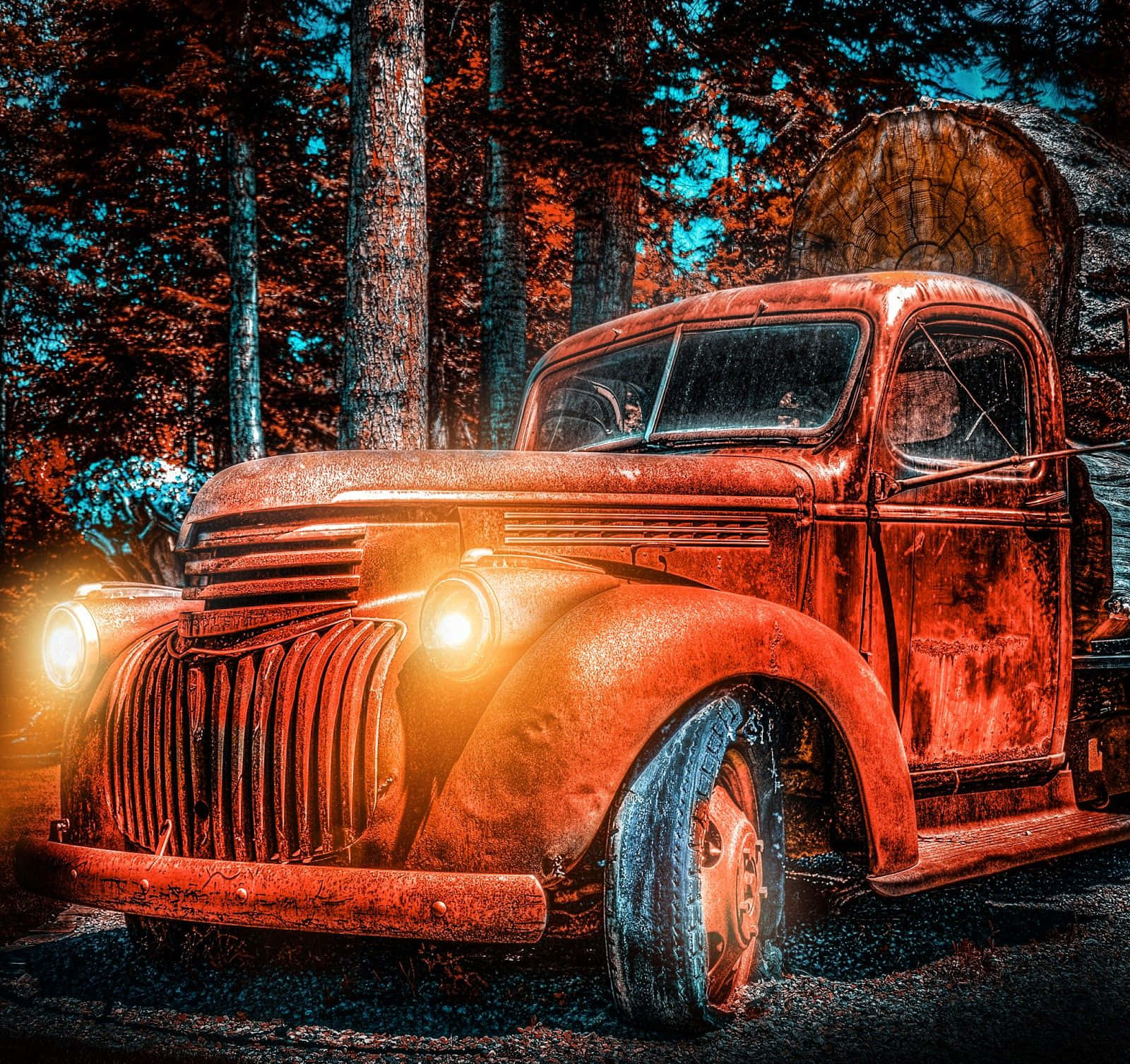 images 桌布 壁紙 — 一輛生鏽的復古橙色卡車，車頭燈發光，停在森林中，後面有一根圓木，天空湛藍。