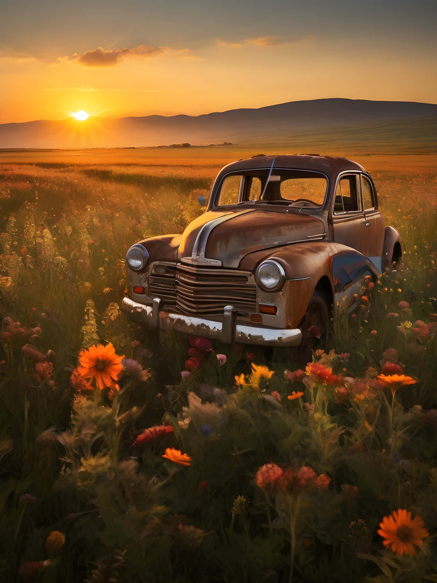 Vintage Car in a Field at Sunset 壁紙 — 一輛生鏽的復古汽車被遺棄在陽光明媚的野花田裡，正值黃金時段，遠處有山巒。