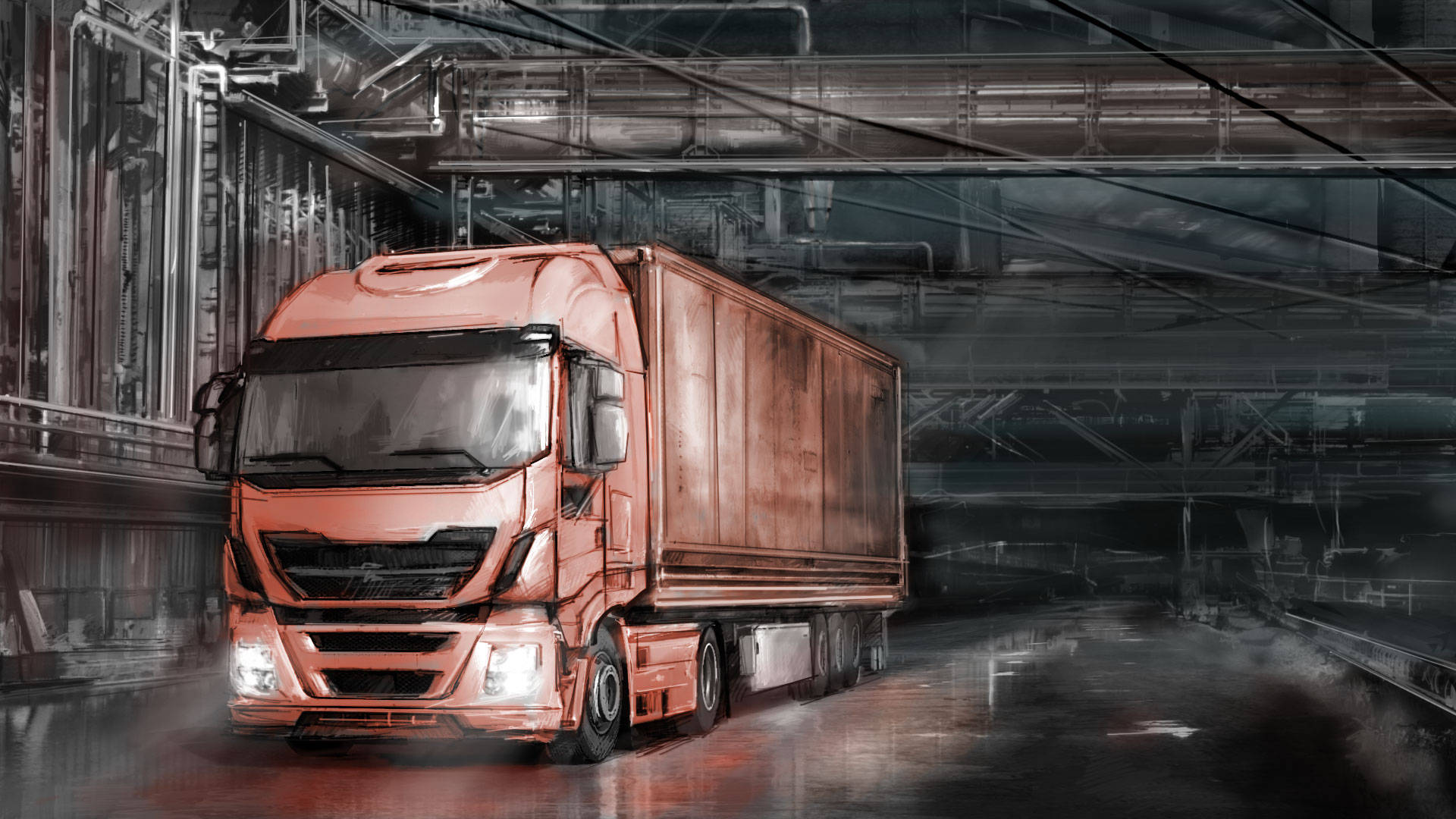American Truck Simulator 桌布 壁紙 — 一輛生鏽的橙色半掛卡車亮著車頭燈，行駛在一個有裸露管道和濕滑地板的黑暗工業倉庫中。