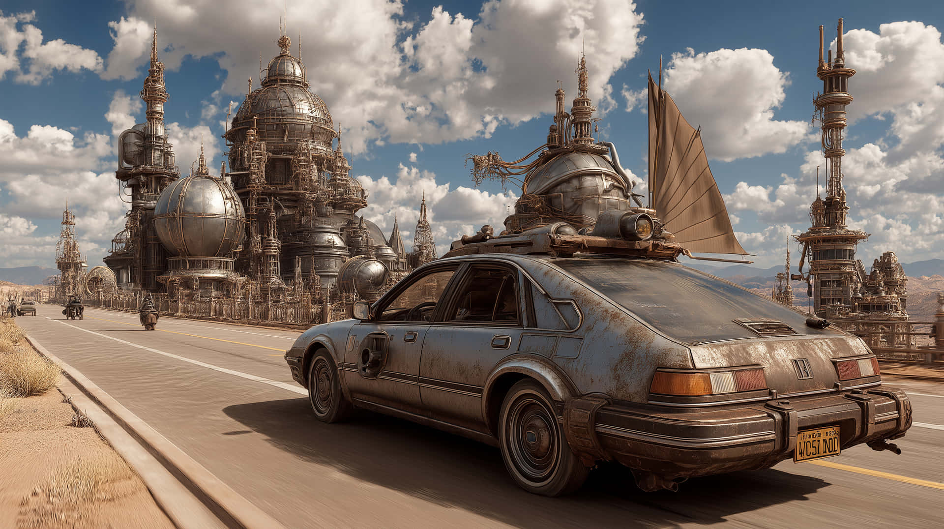 Desert Outpost 壁紙 — 一輛生鏽的轎車，車頂上有帆和裝備，在陰天下行駛在沙漠公路上，經過高聳的金屬科幻建築。