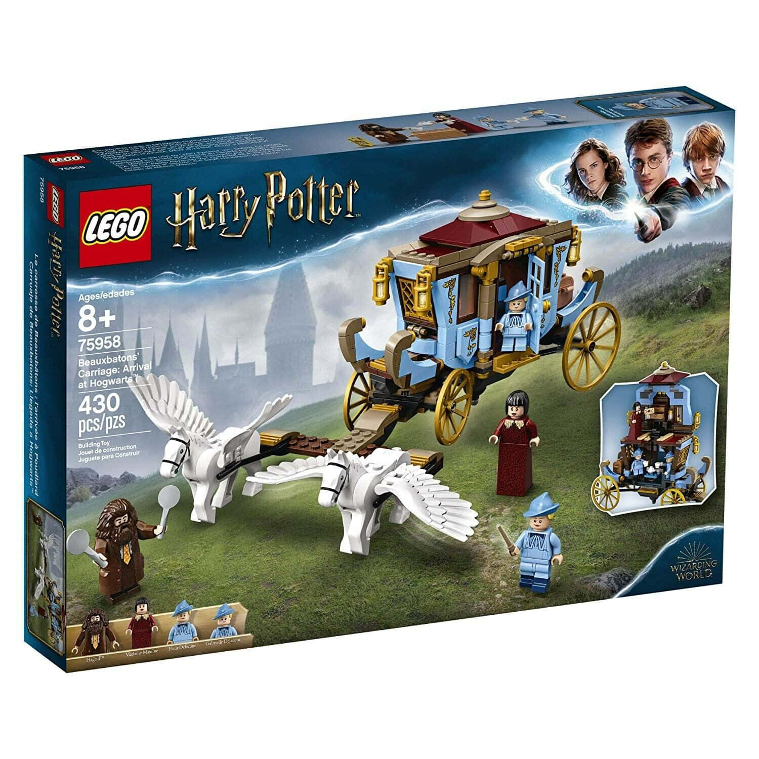 The Hogwarts Carriage 桌布 壁紙 — 一輛由兩匹白色飛馬拉動的LEGO哈利波特波巴洞馬車，帶著人偶和天空中的閃電抵達霍格華茲。