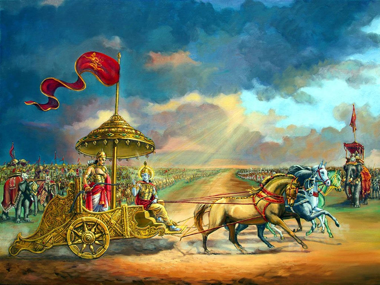 Krishna Arjun 桌布 壁紙 — 一輛由兩匹馬拉動的金色戰車，在陽光穿透雲層的戲劇性天空下，奔馳過戰場。