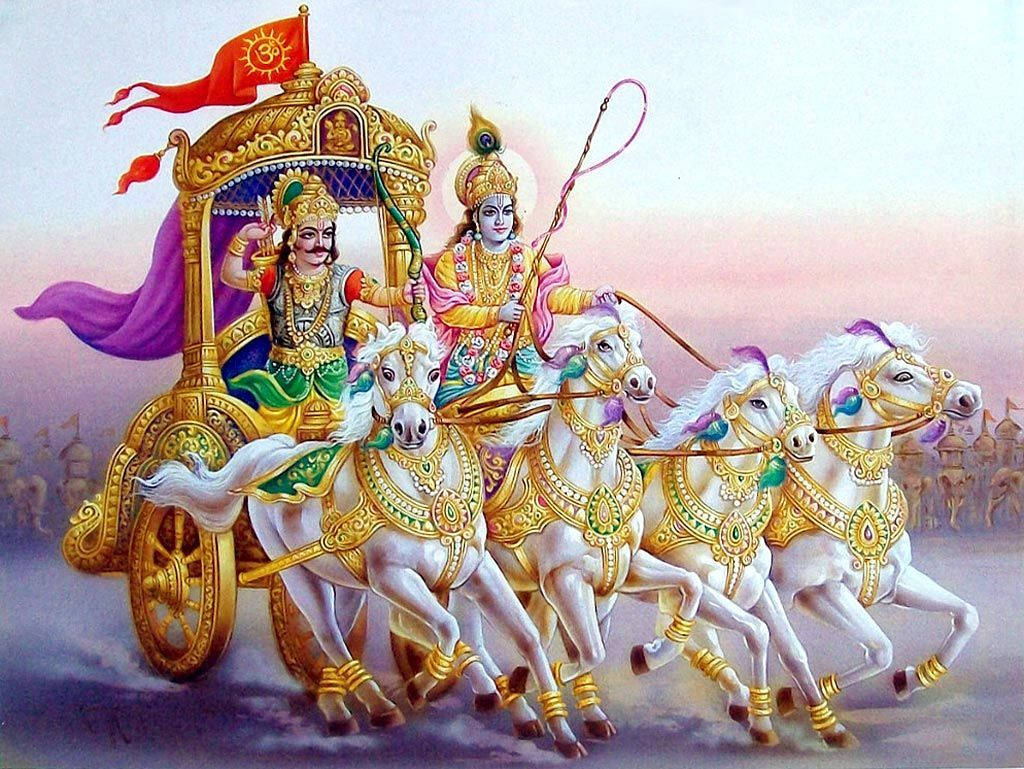 Indian 桌布 壁紙 — 一輛由四匹帶有金色裝飾的白馬拉動的神聖戰車，在柔和的粉紅色天空下，載著兩位神祇穿越迷霧籠罩的戰場。