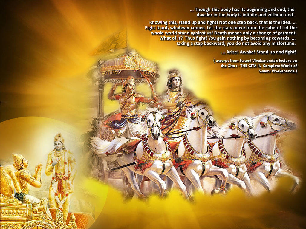 Swami Vivekananda 桌布 壁紙 — 一輛由四匹帶有金色裝飾的白馬拉動的神聖戰車，以及兩位身著華麗服飾的人物，背景是燦爛的金色。