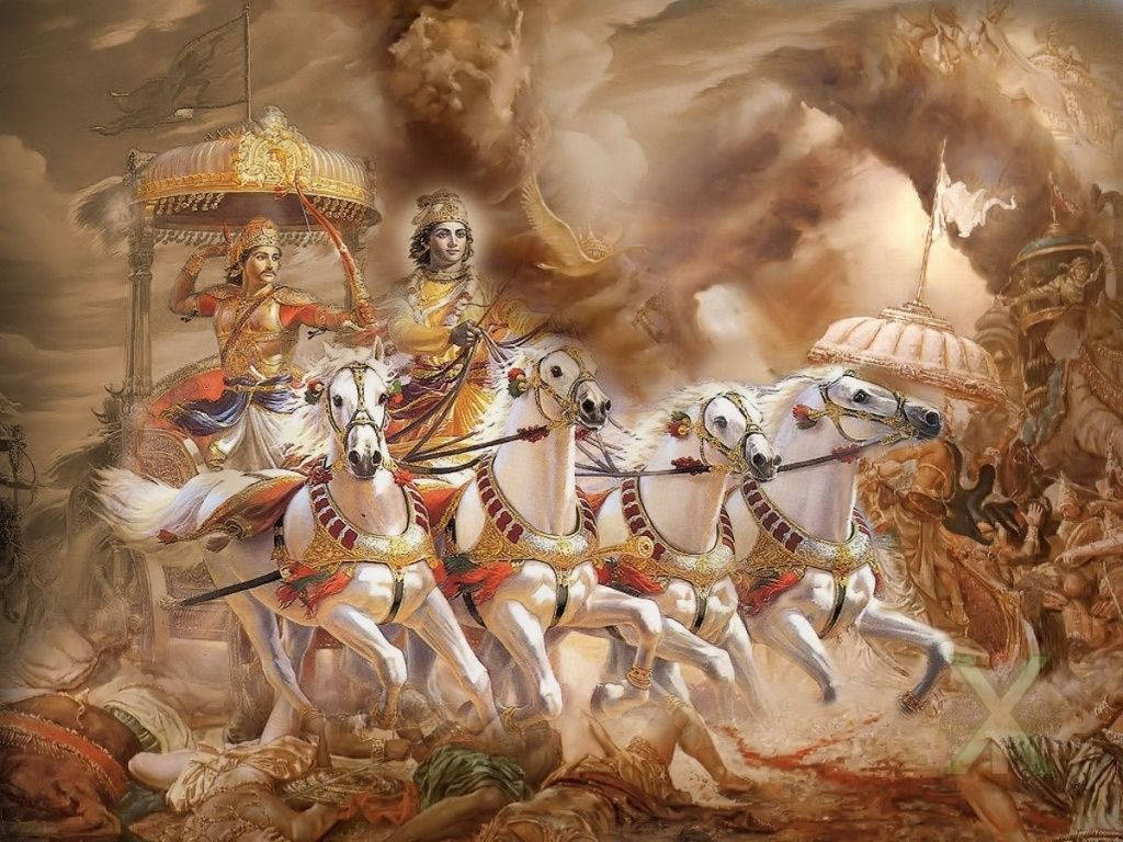 Bhagavad Gita 桌布 壁紙 — 一輛由四匹白馬拉動的雄偉戰車，在戰場上奔馳，周圍有戰士和煙霧翻騰。