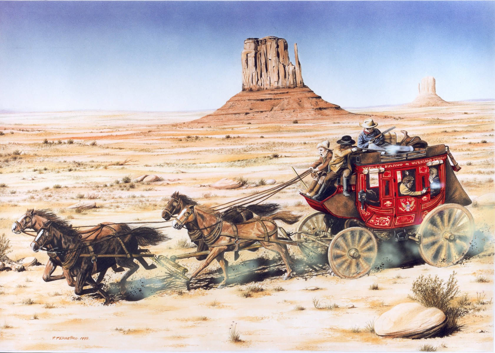 Desert 桌布 壁紙 — 一輛由四匹馬拉動的紅色驛馬車，在晴朗的藍天下，奔馳在烈日曝曬的沙漠中，朝著高聳的岩石地貌前進。