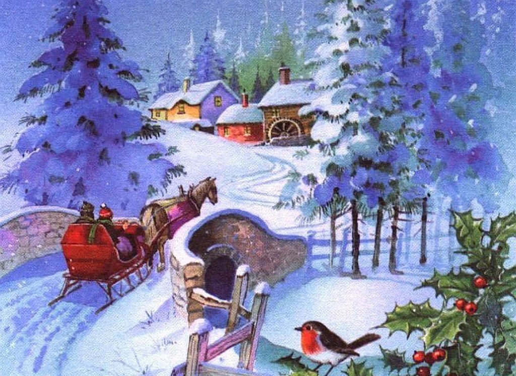 Vintage Christmas 桌布 壁紙 — 一輛由馬匹拉動的紅色雪橇蜿蜒穿過一個被紫色松樹環繞的雪村，在冬日的天空下。