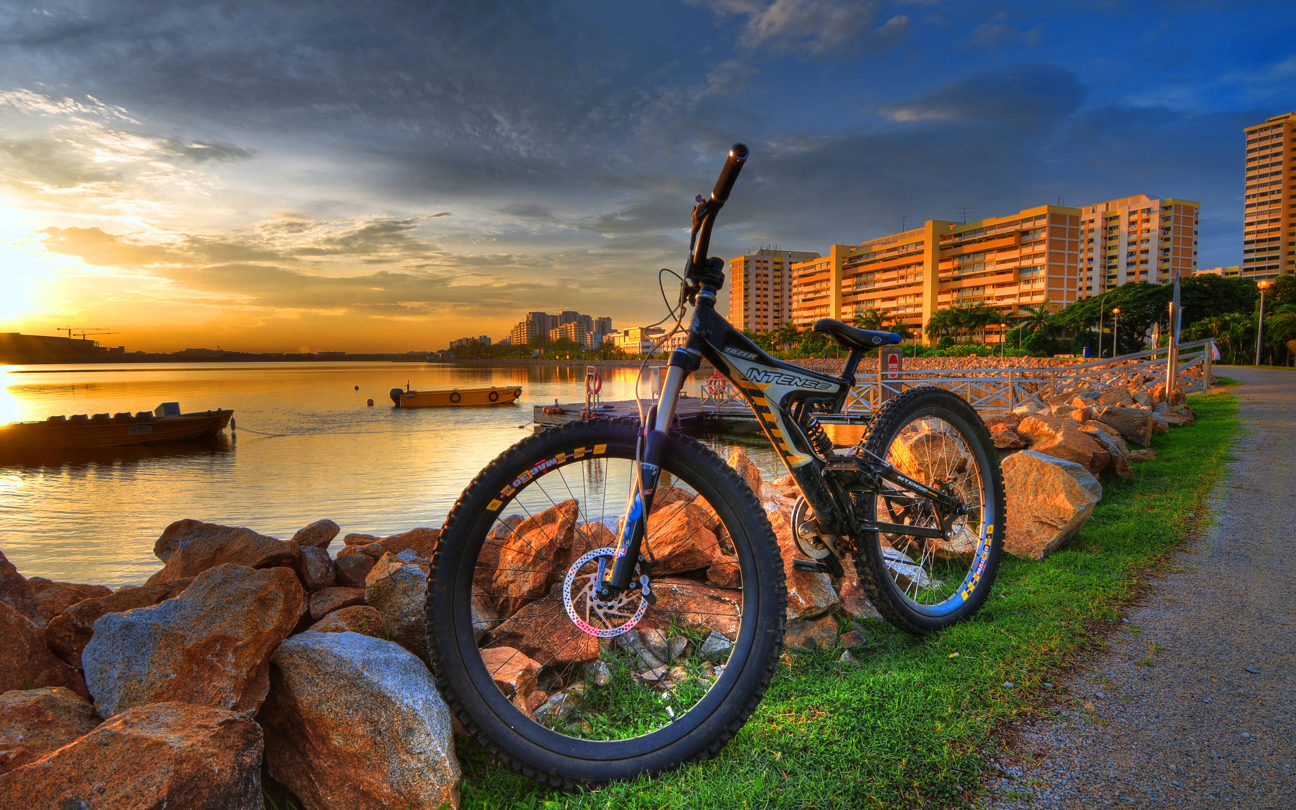 Bicycle 桌布 壁紙 — 一輛登山車靠在岩石旁，在海濱小徑邊，夕陽在城市天際線和平靜的水面上落下。