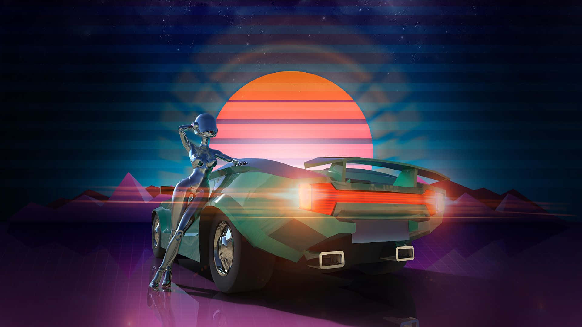 合成波 桌布 壁紙 — 一輛發光的復古未來主義跑車，一個鍍鉻外星人形象靠在車旁，背景是充滿活力的日落和幾何山脈。