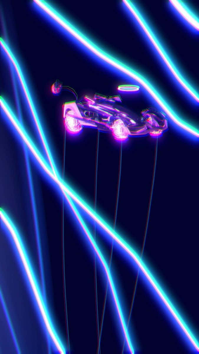 Rocket League Car 桌布 壁紙 — 一輛發光的未來主義汽車在黑暗背景中懸浮於充滿活力的霓虹藍色和紫色光線之中。