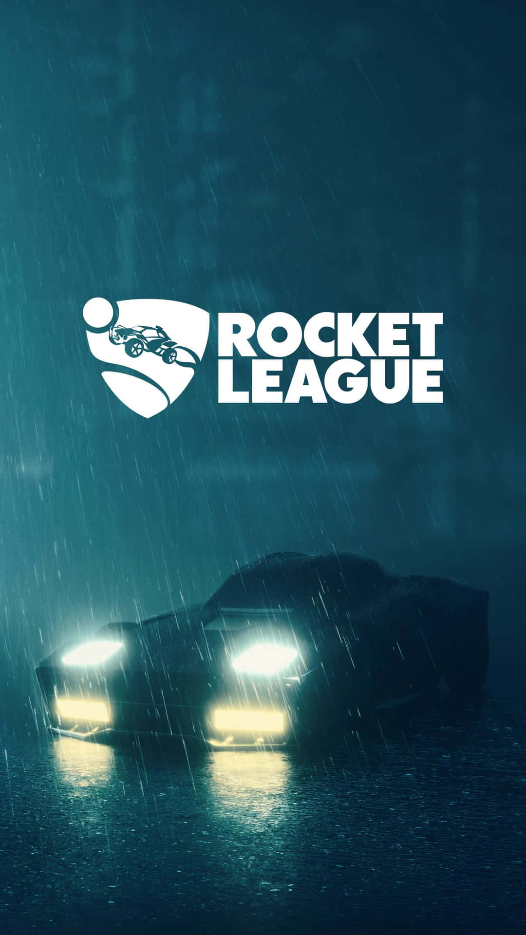 火箭聯盟 桌布 壁紙 — 一輛發光的汽車在夜間大雨中行駛，上方有Rocket League標誌。