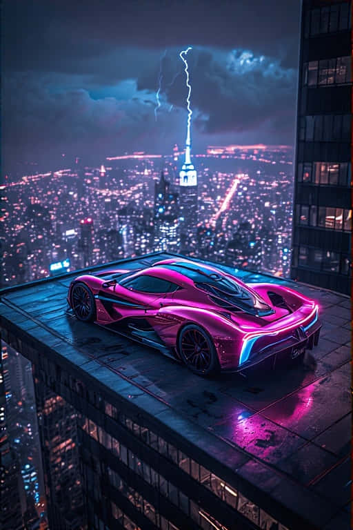 Exotic Hyper car on Neon City Rooftop Dramatic 4K 壁紙 — 一輛發光的洋紅色超級跑車停在天台上，俯瞰著霓虹燈閃爍的城市景觀，天空風雨交加，閃電擊中帝國大廈。