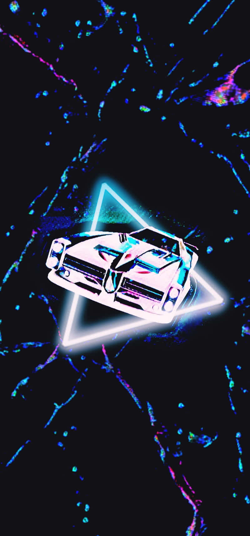 Rocket League Car 桌布 壁紙 — 一輛發光的白色肌肉車漂浮在霓虹三角形內，背景是黑暗的宇宙，帶有電藍色和紫色條紋。