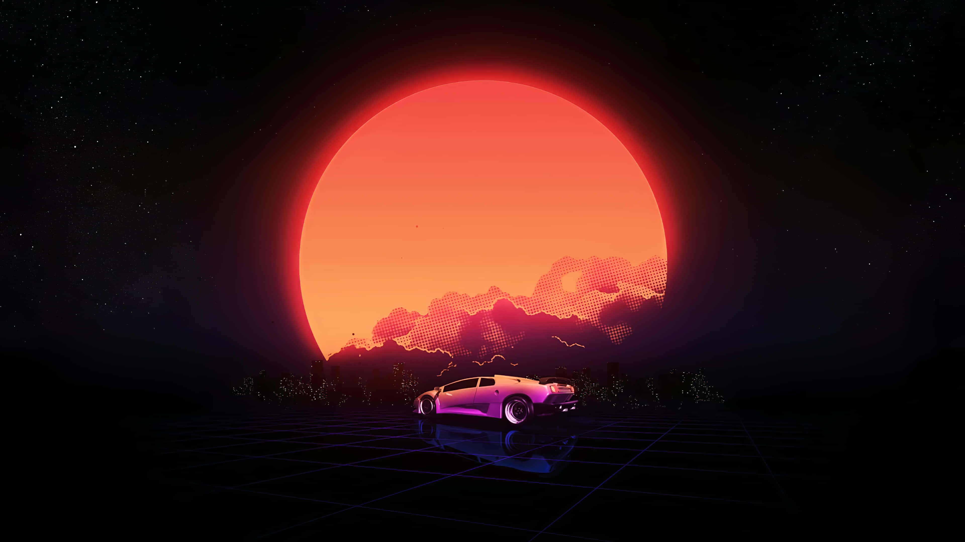 Retro Futurism 桌布 壁紙 — 一輛發光的粉紅色跑車停放在網格上，下方是巨大的橙色太陽，帶有像素化雲朵的復古未來主義夜景。