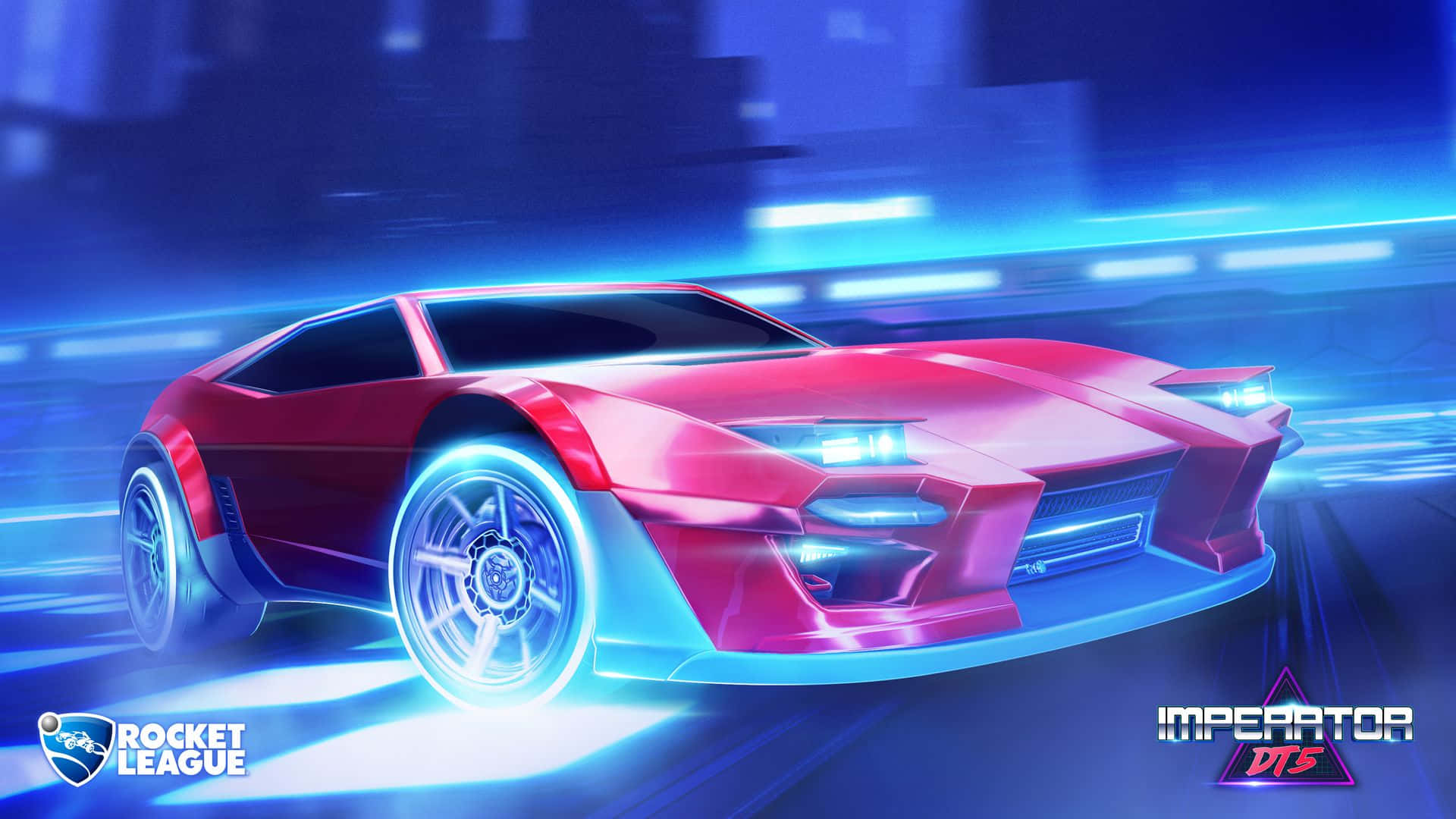 HD Rocket League 桌布 壁紙 — 一輛發光的紅色未來主義跑車，帶著動態模糊和電光藍色條紋，在霓虹燈照亮的城市夜晚中疾馳。