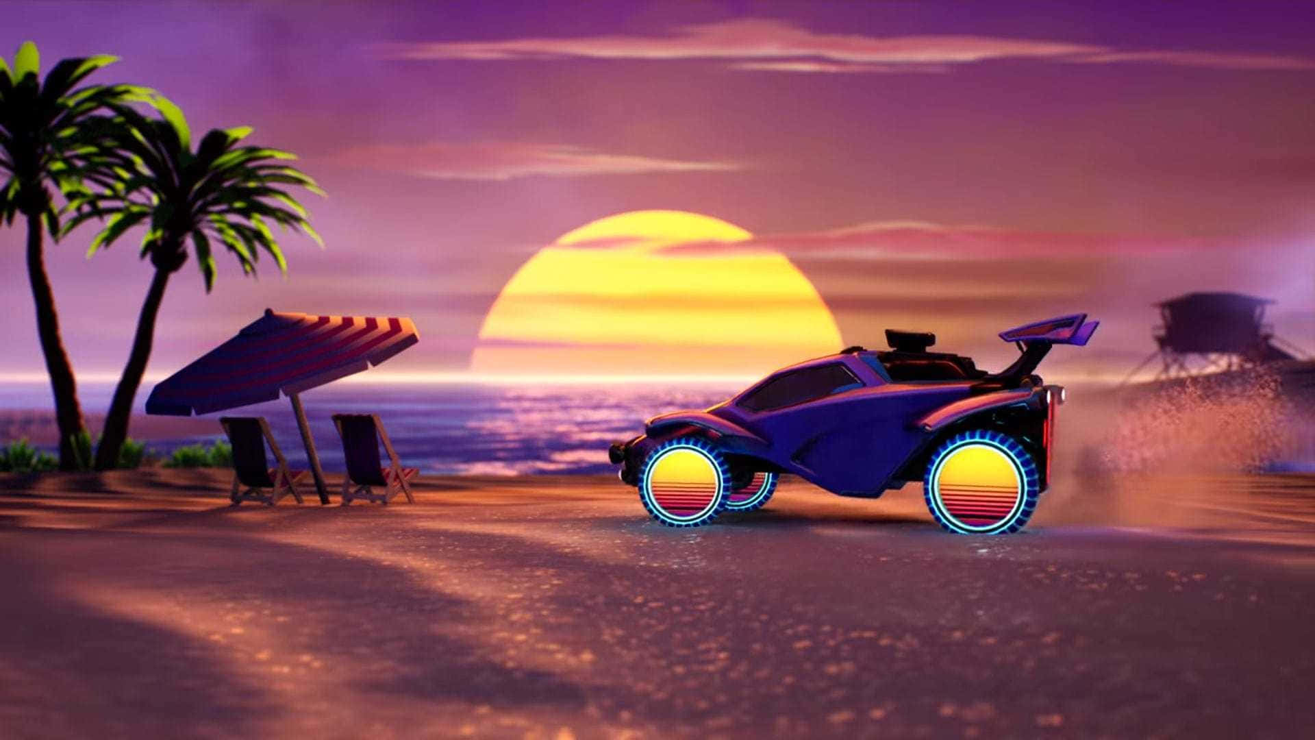 1080p Rocket League 桌布 壁紙 — 一輛發光的紫色未來汽車在日落時分疾馳過海灘，附近有棕櫚樹和條紋遮陽傘。