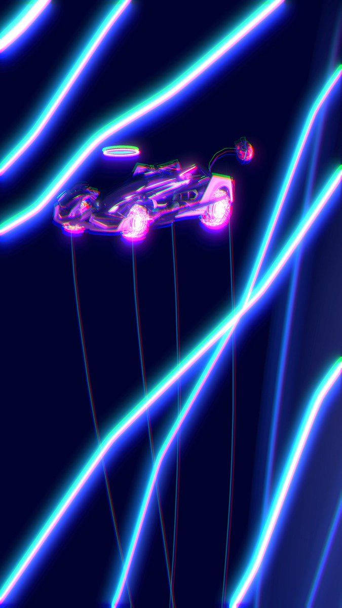 Rocket League iPhone 桌布 壁紙 — 一輛發光的紫色未來汽車在深色背景上的霓虹藍色和青色條紋之間盤旋。