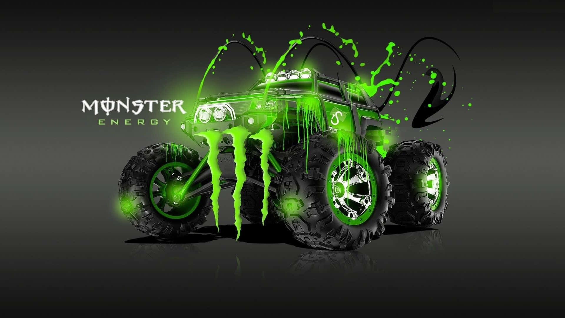 怪物 桌布 壁紙 — 一輛發光的綠色怪獸卡車，帶有滴落的油漆和大膽的品牌標誌，主宰著黑暗的攝影棚背景。