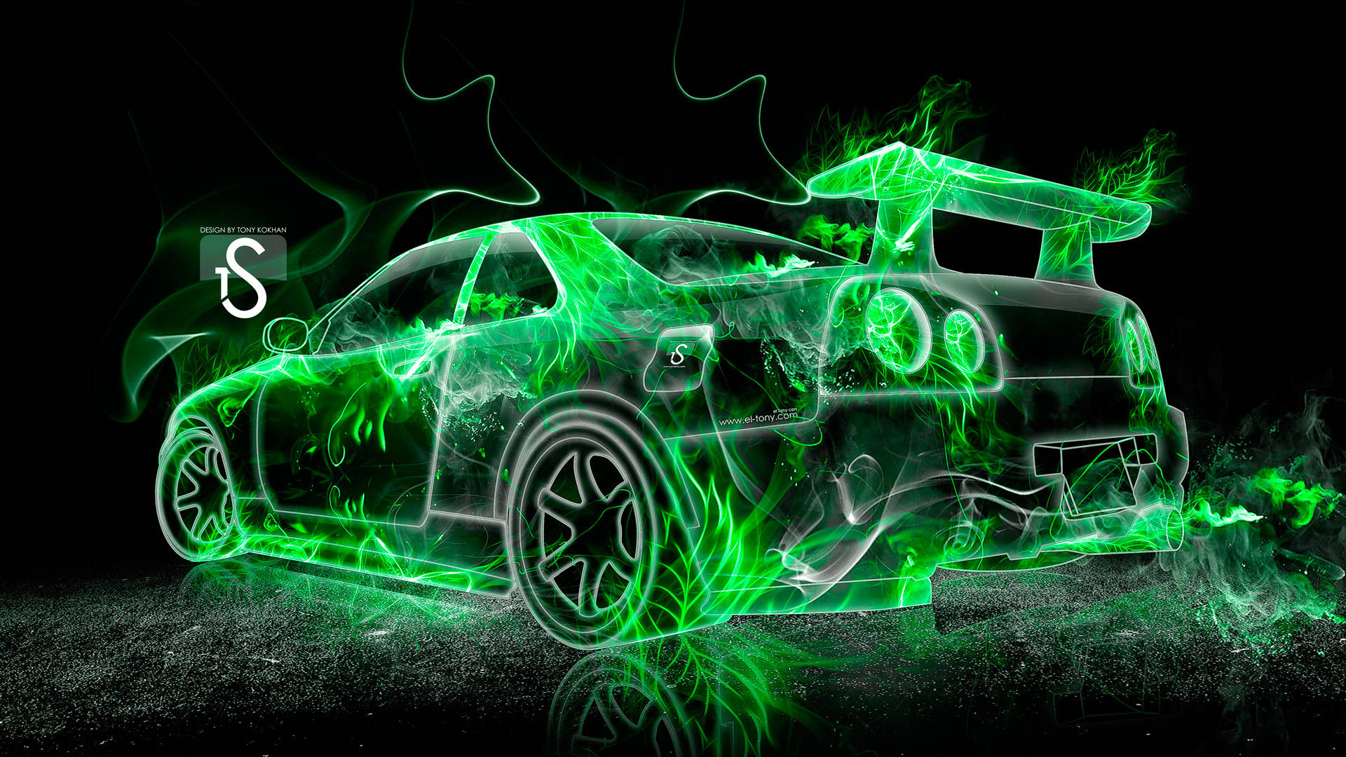 Green Fire 桌布 壁紙 — 一輛發光的綠色跑車，以電能勾勒輪廓，背景為黑色並帶有煙霧效果。
