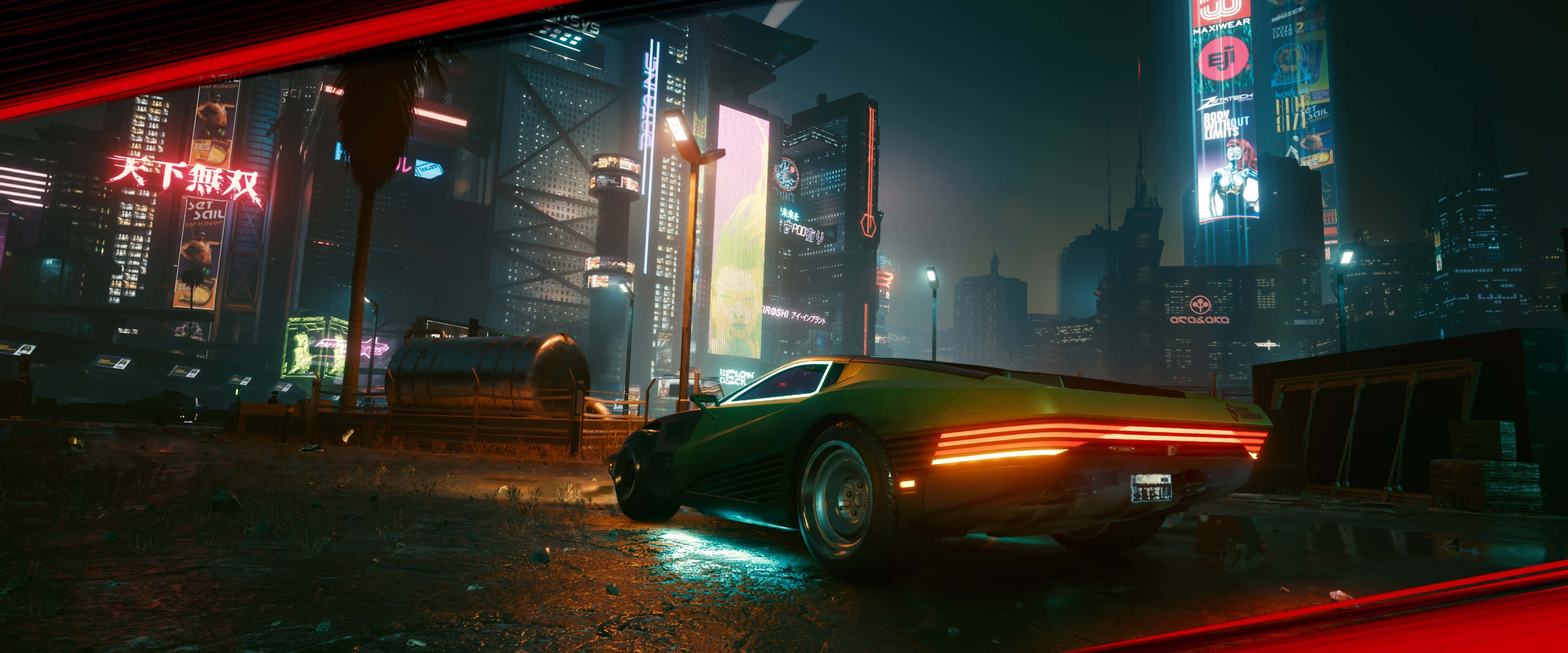 Cyberpunk Night City 桌布 壁紙 — 一輛發光的綠色跑車在夜晚停泊在濕漉漉的屋頂上，下方是霓虹燈照亮的摩天大樓，身處賽博龐克城市。