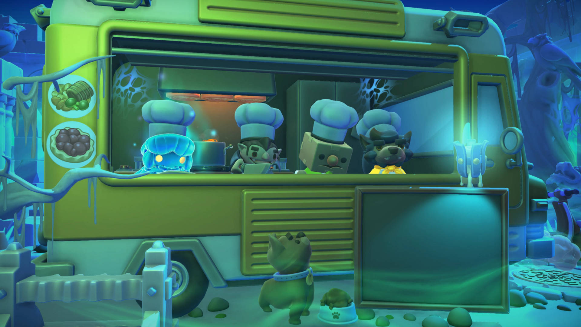 Overcooked 桌布 壁紙 — 一輛發光的綠色餐車在神秘森林中為可愛的動物廚師和一位顧客提供發光食物。