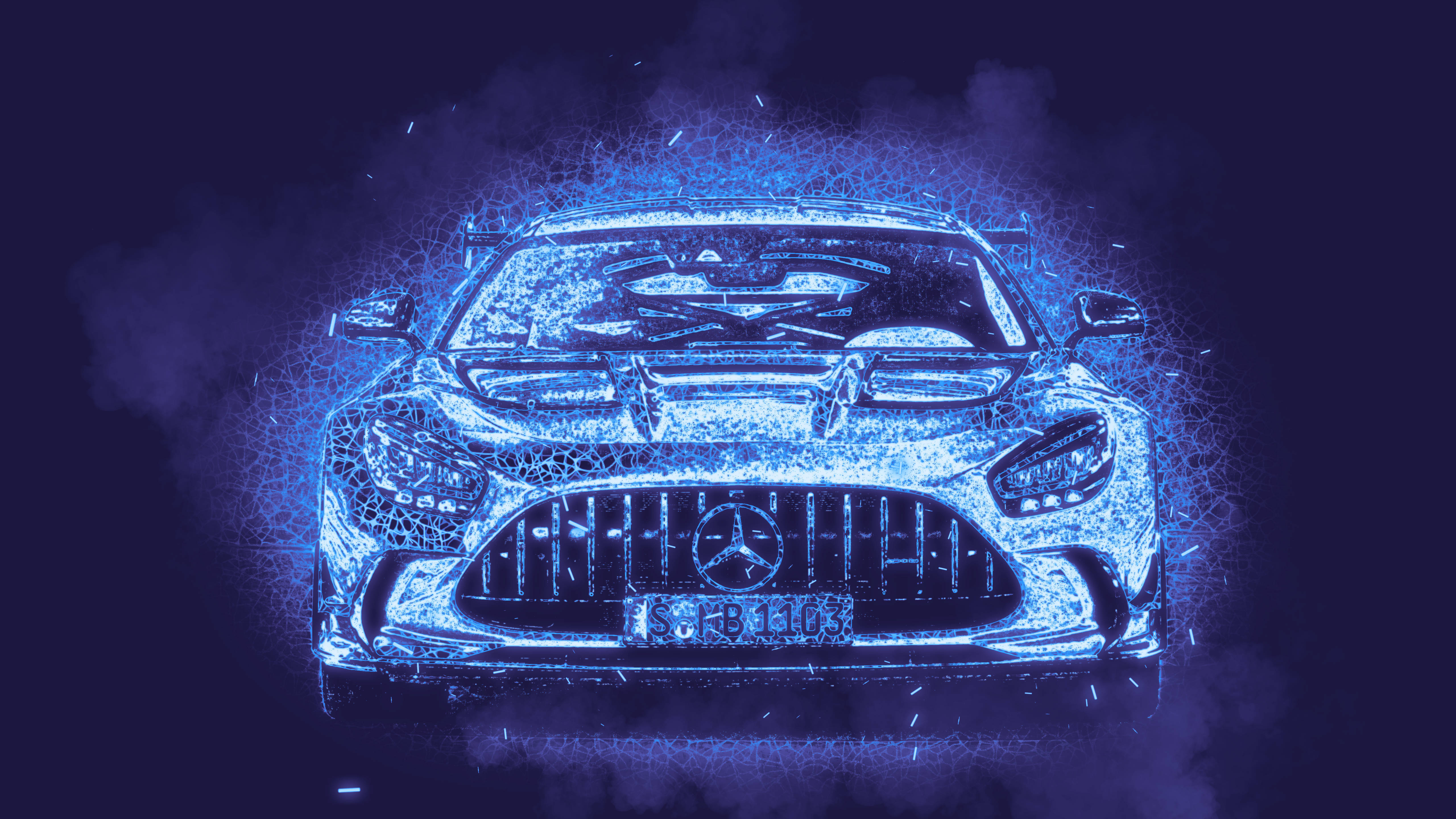 Awesome Photoshop 桌布 壁紙 — 一輛發光的藍色 Mercedes-AMG GT 跑車，以電子數位藝術風格呈現，帶有劈啪作響的能量效果，背景為黑暗煙霧繚繞。