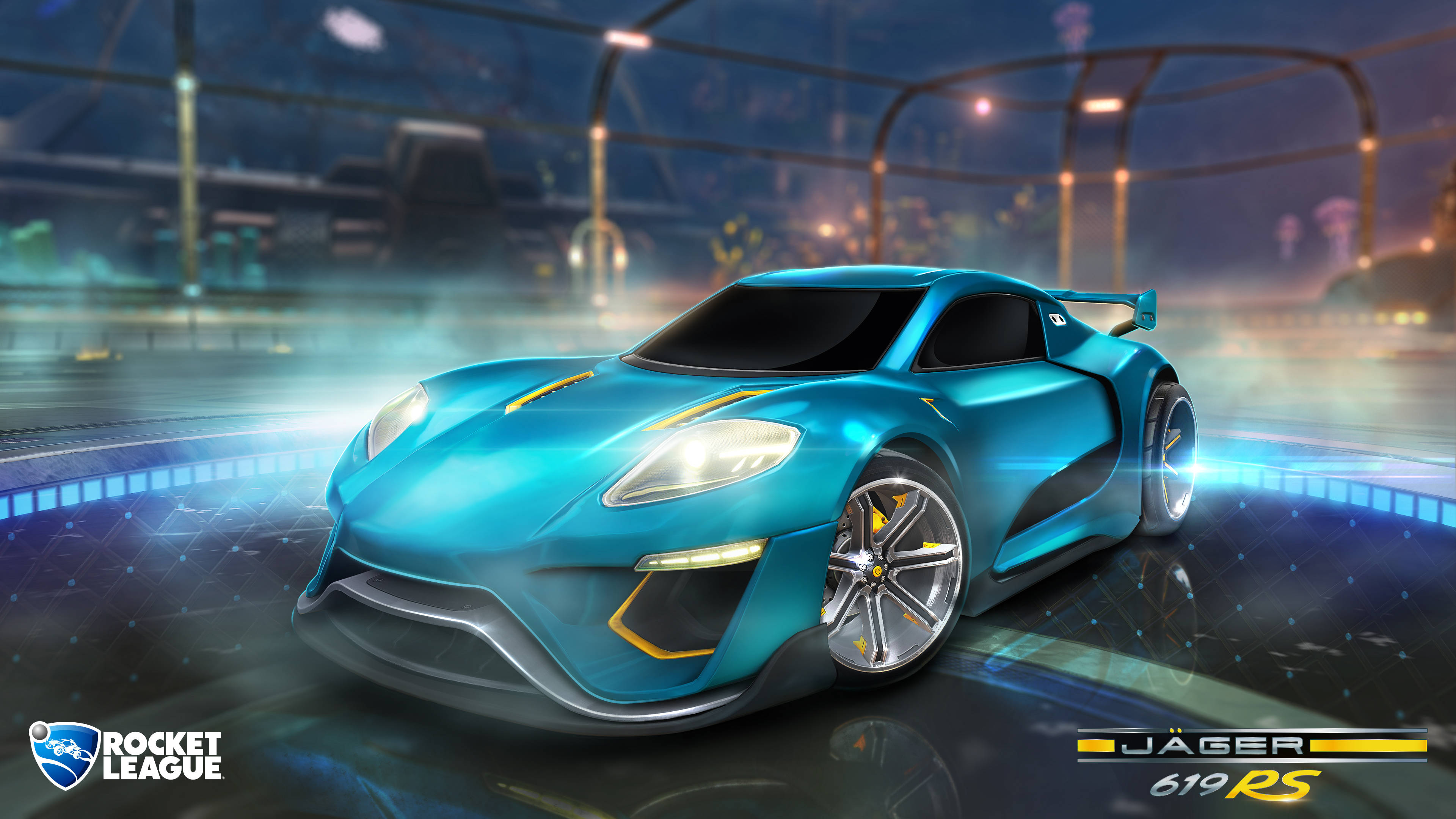 電玩遊戲 桌布 壁紙 — 一輛發光的藍色Rocket League Jäger 619 RS跑車，帶有黃色點綴，在霓虹燈下的未來賽道上飛馳。