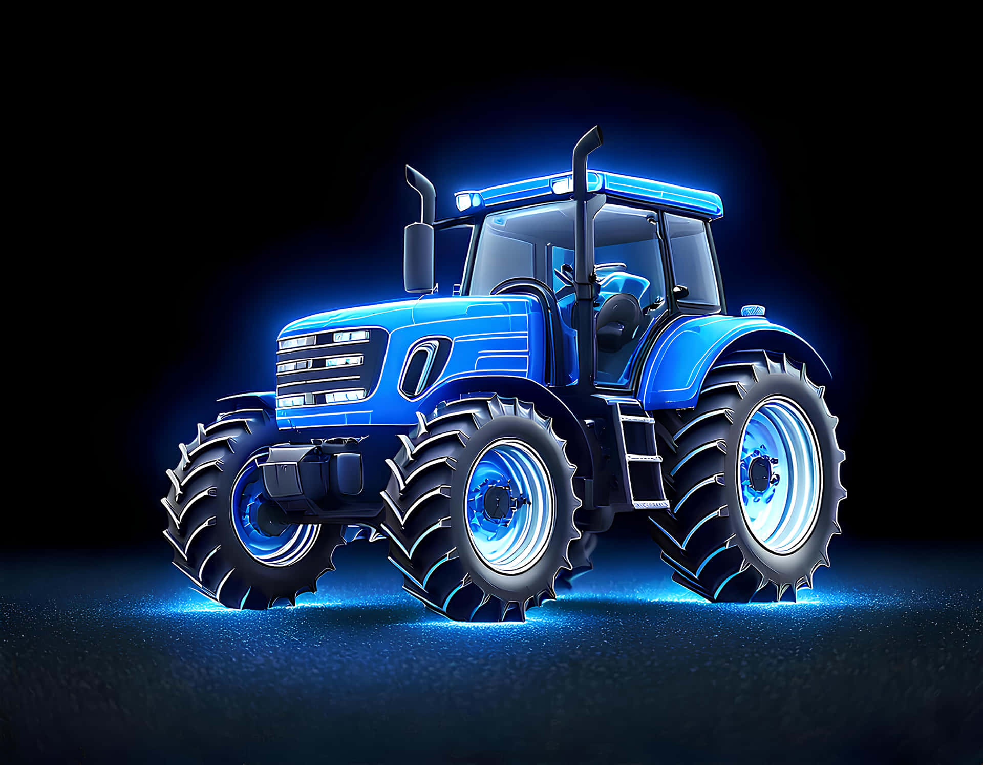 Tractor 壁紙 — 一輛發光的藍色拖拉機，帶有照明輪和駕駛室，在黑暗背景下脫穎而出。
