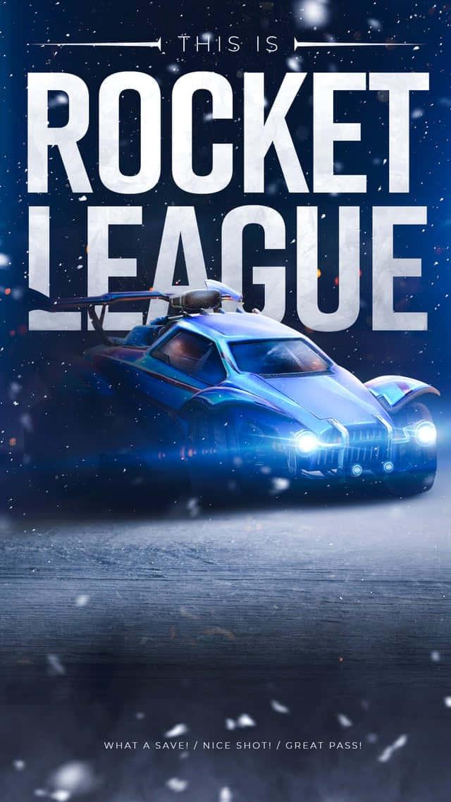 Rocket League Car 桌布 壁紙 — 一輛發光的藍色火箭動力汽車在星空下的雪夜場景中疾馳，帶有粗體遊戲標題文字。