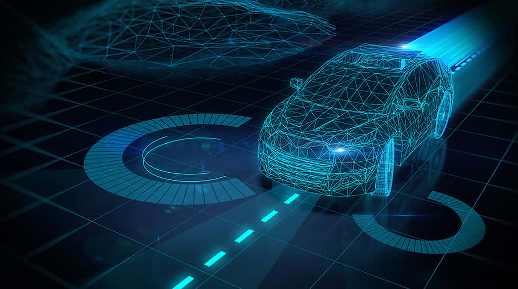 Car Technology 桌布 壁紙 — 一輛發光的藍色線框汽車在數位網格道路上行駛，帶有未來主義的HUD元素，處於黑暗的科技環境中。