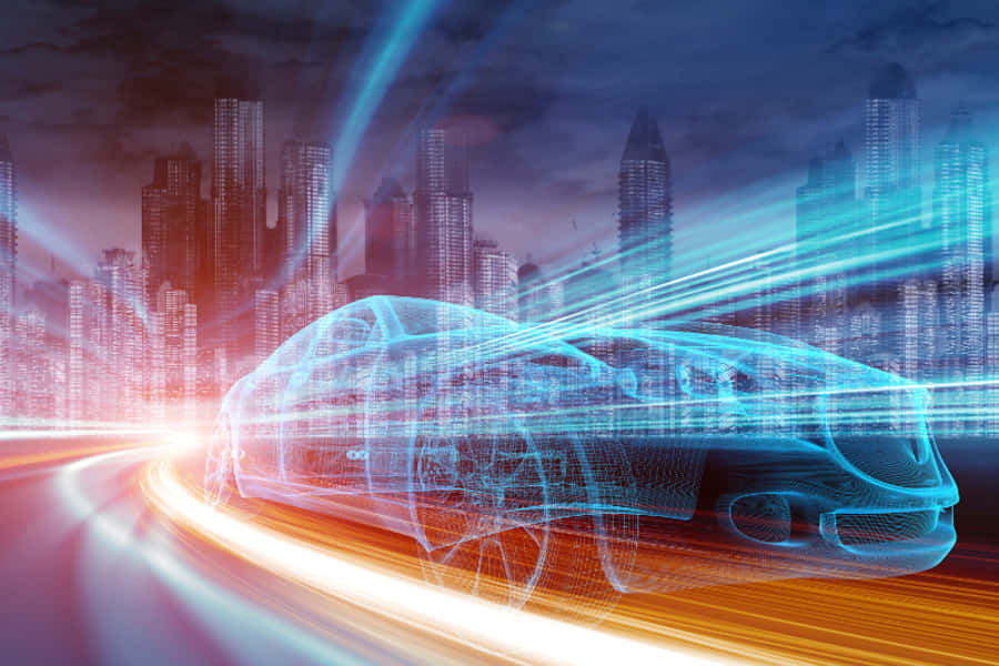 Car Technology 桌布 壁紙 — 一輛發光的藍色線框跑車在霓虹燈閃爍的城市景觀中疾馳，留下光跡。