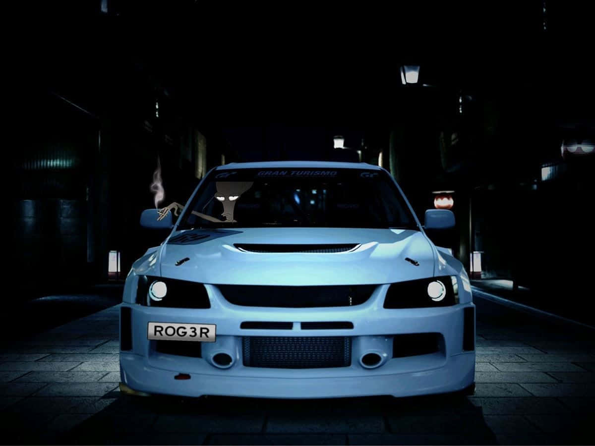 JDM汽車 桌布 壁紙 — 一輛發光的藍色跑車，車牌為'ROG3R'，夜間停放在黑暗的城市小巷中，側鏡冒煙。