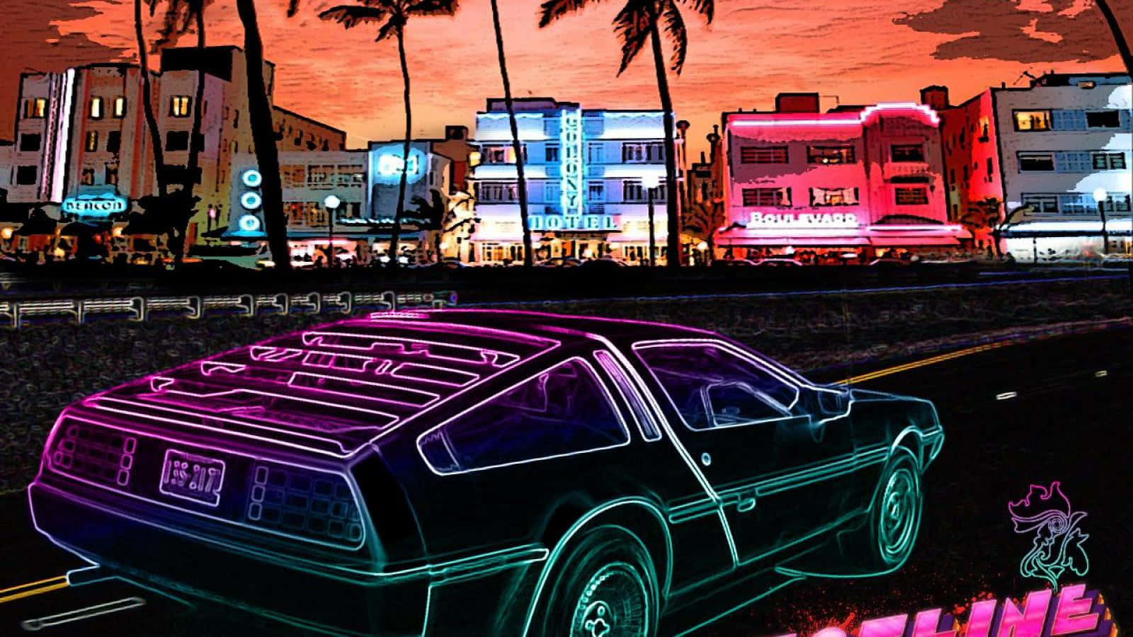 Hotline Miami 桌布 壁紙 — 一輛發光的霓虹跑車在充滿活力的邁阿密日落中滑行，棕櫚樹和復古酒店被電光色調照亮。