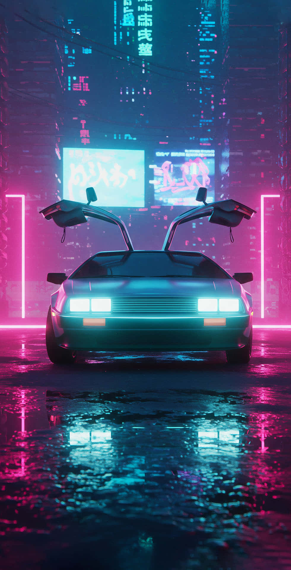 A retro supercar glows under neon lights on rain-slick streets with glitchy billboards in a vivid di 壁紙 — 一輛發光的青綠色DeLorean，帶有鷗翼車門，停在雨濕的街道上，周圍是霓虹粉紅和藍色的賽博朋克城市燈光。