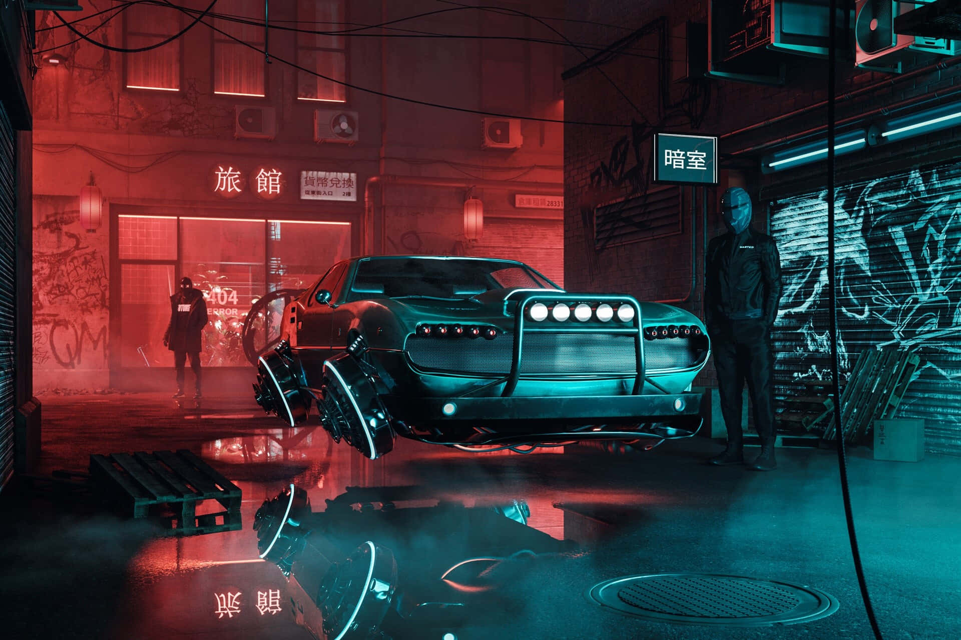 Dark Cyberpunk 桌布 壁紙 — 一輛發光的青綠色未來汽車懸浮在充滿霓虹燈的賽博朋克小巷中，有戴面具的人物和中文字牌。