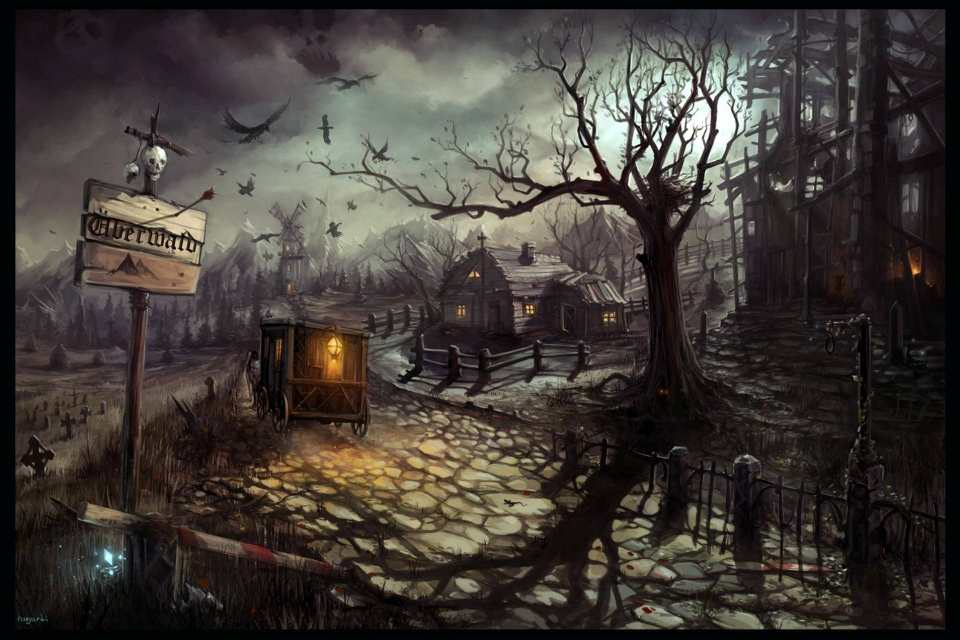 Haunted House Halloween 桌布 壁紙 — 一輛發光的鬼馬車在暴風雨的天空下，穿過荒涼的墓地，周圍有骷髏般的樹木和遠處的廢墟，散發著溫暖的光芒。